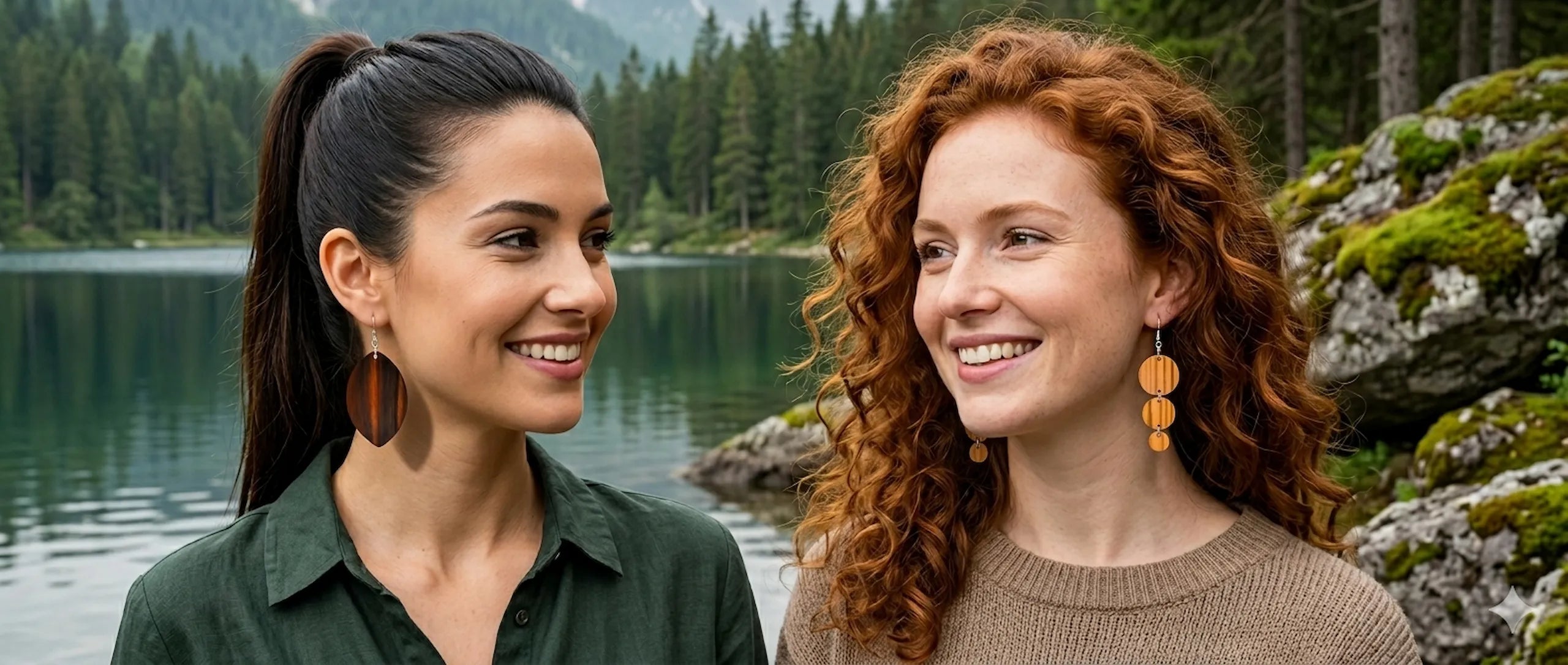 Models mit Holzohrringen von holzsalon.at aus Olivenholz und Palisander