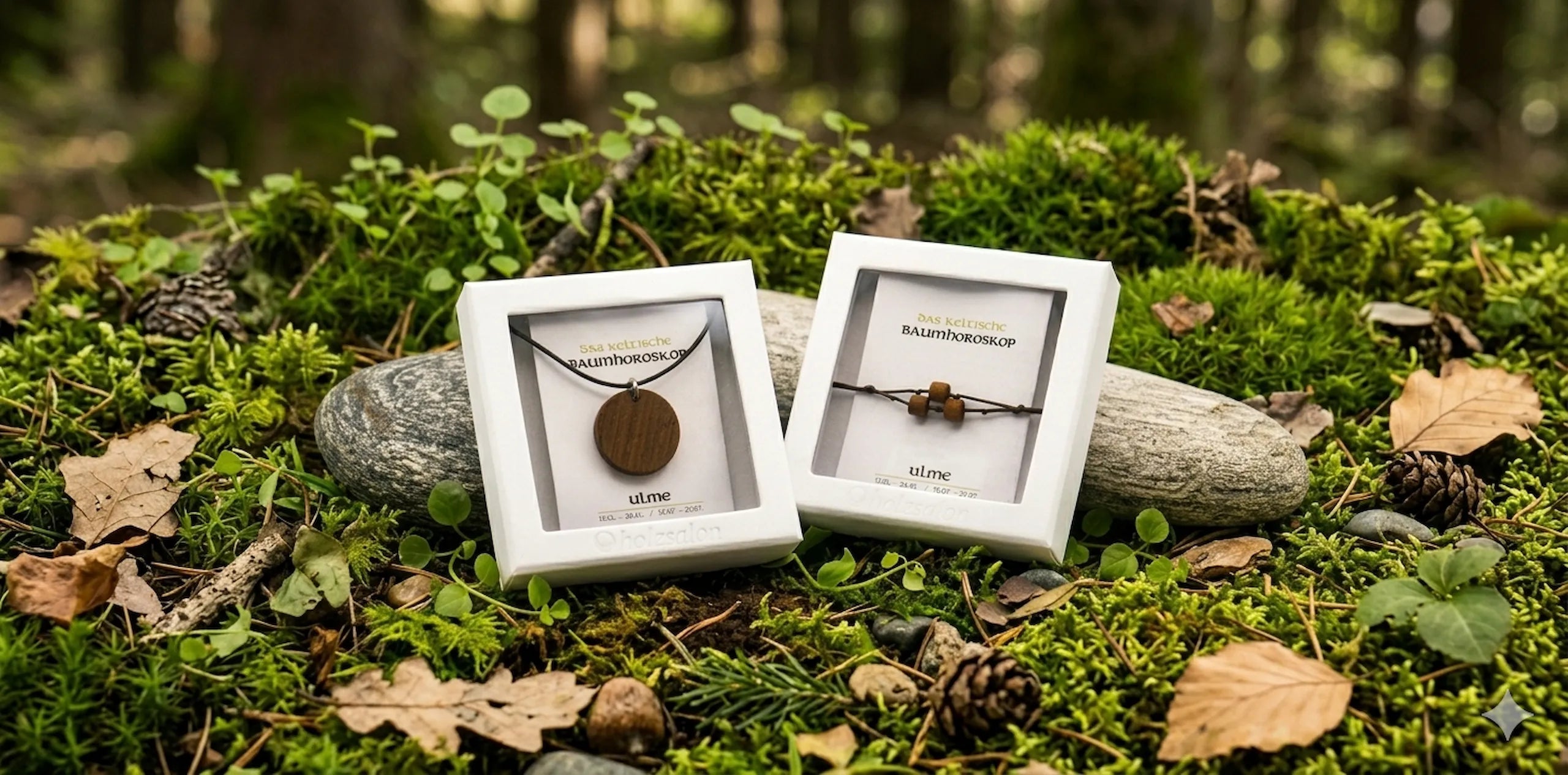 Holzschmuck keltisches Baumhoroskop Armband und Kettenanhänger Ulme von holzsalon.at mit Waldhintergrund