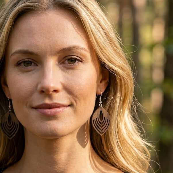 Model mit Holzohrringe Motiv Indian klein Nussholz